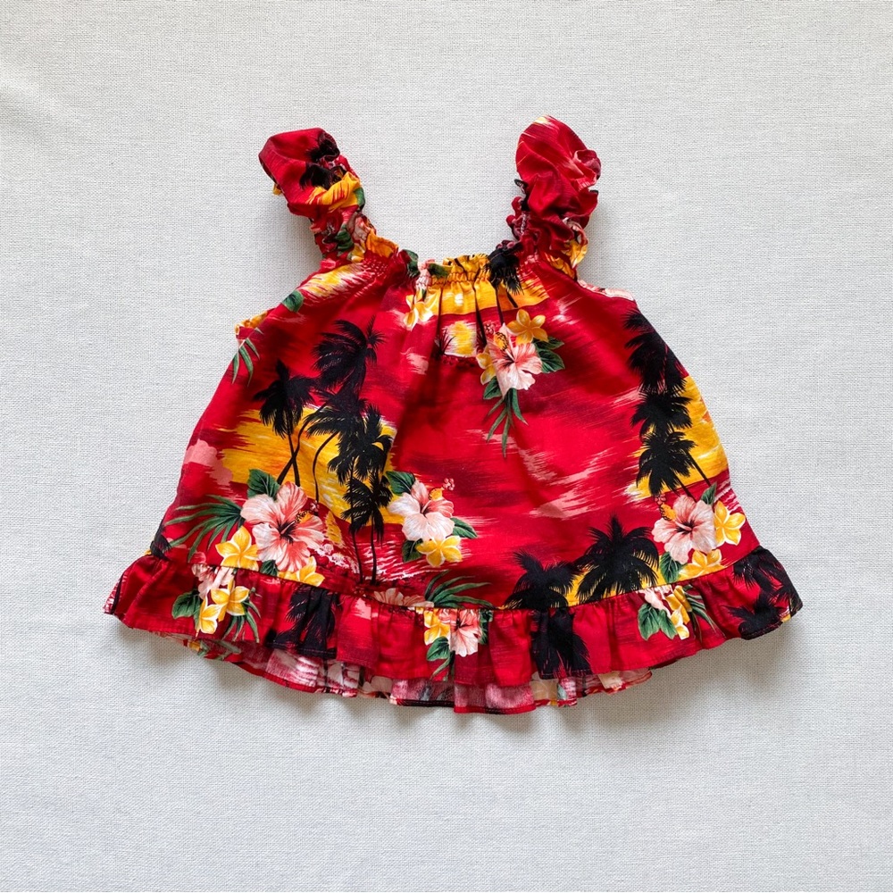 Vintage Hawaiian Tropical Floral Print Cotton Ruffle Dress